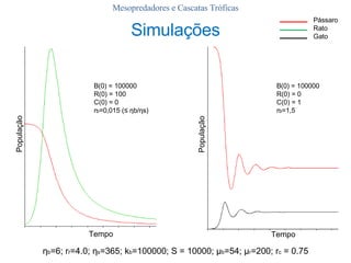 Mesopredadores e Cascatas Tróficas η b =6; r r =4.0;  η s =365; k b =100000; S = 10000;  µ b =54;  µ r =200; r c  = 0.75 B(0) = 100000 R(0) = 0 C(0) = 1 r b =1,5 População Tempo B(0) = 100000 R(0) = 100 C(0) = 0 r b =0,015 (≤  η b/ η s) População Tempo Simulações Pássaro Rato Gato 