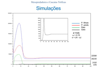 Mesopredadores e Cascatas Tróficas Simulações 576 3193 30235 32098 σ  = 0,5;  ω  = 0,15;  α  = (rb -  ω ) P. filhote P. adulto Rato Gato 