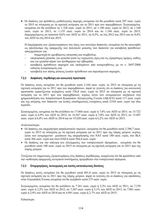 • Οι δαπάνες για πρόσθετες μισθολογικές παροχές εκτιμάται ότι θα μειωθούν κατά 297 εκατ. ευρώ
   το 2015 σε σύγκριση με τη σχετική εκτίμηση για το 2011 προ των παρεμβάσεων. Συγκεκριμένα,
   εκτιμάται ότι θα ανέλθουν σε 1.328 εκατ. ευρώ το 2011, σε 1.180 εκατ. ευρώ το 2012, σε 1.160
   εκατ. ευρώ το 2013, σε 1.135 εκατ. ευρώ το 2014 και σε 1.188 εκατ. ευρώ το 2015,
   διαμορφούμενες σε ποσοστό 0,6% του ΑΕΠ το 2011, σε 0,5%, τα έτη 2012 και 2013 και σε 0,4%
   του ΑΕΠ τα έτη 2014 και 2015.

   Η διαμόρφωση των εξοικονομήσεων στο ύψος των ανωτέρω δαπανών, εκτιμάται ότι θα επιτευχθεί
   ως αποτέλεσμα της εφαρμογής των πολιτικών μείωσης των δαπανών για καταβολή πρόσθετων
   αποζημιώσεων για:
   -      συμμετοχή σε αμειβόμενες επιτροπές και συμβούλια,
   -   υπερωριακή εργασία, για εργασία κατά τις νυχτερινές ώρες και τις εξαιρέσιμες ημέρες, καθώς
       και για εργασία πέραν του πενθημέρου την εβδομάδα,
   -   καταβολή πρόσθετων παροχών και επιδομάτων από καταργηθέντες με το ν. 3697/2008
       ειδικούς λογαριασμούς και
   -   καταβολή των πάσης φύσεως λοιπών πρόσθετων και παρεπόμενων παροχών,

7.2.2   Ασφάλιση, περίθαλψη και κοινωνική προστασία

Οι δαπάνες αυτές εκτιμάται ότι θα μειωθούν κατά 2.164 εκατ. ευρώ, το 2015 σε σύγκριση με τη
σχετική εκτίμηση για το 2011 προ των παρεμβάσεων, παρά το γεγονός ότι οι δαπάνες για κοινωνική
προστασία εμφανίζονται αυξημένες κατά 336,8 εκατ. ευρώ το 2015 σε σύγκριση με τη σχετική
εκτίμηση για το 2011 προ των παρεμβάσεων, κυρίως λόγω των εκτιμώμενων αυξήσεων στη
χρηματοδότηση του Ασφαλιστικού Κεφαλαίου Αλληλεγγύης Γενεών (ΑΚΑΓΕ) κατά 117 εκατ. ευρώ
και της αύξησης των δαπανών για λοιπές εισοδηματικές ενισχύσεις κατά 219,8 εκατ. ευρώ την ίδια
περίοδο.

Συγκεκριμένα, εκτιμάται ότι θα ανέλθουν σε 17.664 εκατ. ευρώ ή 7,8% του ΑΕΠ το 2011, σε 15.722
εκατ. ευρώ ή 6,9% του ΑΕΠ το 2012, σε 16.567 εκατ. ευρώ ή 7,0% του ΑΕΠ το 2013, σε 15.497
εκατ. ευρώ ή 6,4% του ΑΕΠ το 2014 και σε 15.620 εκατ. ευρώ ή 6,2% του ΑΕΠ το 2015.

Αναλυτικότερα:
• Οι δαπάνες για επιχορήγηση ασφαλιστικών ταμείων, εκτιμάται ότι θα μειωθούν κατά 2.396,7 εκατ.
  ευρώ το 2015 σε σύγκριση με τη σχετική εκτίμηση για το 2011 προ της λήψης μέτρων, κυρίως
  λόγω των εκτιμώμενων μειώσεων της επιχορήγησης στο ΝΑΤ κατά 180 εκατ. ευρώ, στο ΙΚΑ
  κατά 366 εκατ. ευρώ και στον ΟΑΕΔ κατά 564,4 εκατ. ευρώ.
• Οι δαπάνες για την κάλυψη του ελλείμματος των νοσηλευτικών ιδρυμάτων, εκτιμάται ότι θα
  μειωθούν κατά 100 εκατ. ευρώ το 2015 σε σύγκριση με τη σχετική εκτίμηση για το 2011 προ της
  λήψης μέτρων.

Τονίζεται ότι σημαντικές εξοικονομήσεις στις δαπάνες περίθαλψης, αναμένεται ότι θα προέλθουν από
την υιοθέτηση εφαρμογής κεντρικού συστήματος προμηθειών στα νοσηλευτικά ιδρύματα.

7.2.3   Επιχορηγήσεις, λειτουργικές και λοιπές καταναλωτικές δαπάνες

Οι δαπάνες αυτές εκτιμάται ότι θα μειωθούν κατά 881,8 εκατ. ευρώ το 2015 σε σύγκριση με τη
σχετική εκτίμηση για το 2011 προ της λήψης μέτρων, παρά το γεγονός ότι οι δαπάνες για αποδόσεις
στην Ευρωπαϊκή Ένωση εκτιμάται ότι θα αυξηθούν κατά 275 εκατ. ευρώ.

Συγκεκριμένα, εκτιμάται ότι θα ανέλθουν σε 7.261 εκατ. ευρώ ή 3,2% του ΑΕΠ το 2011, σε 7.339
εκατ. ευρώ ή 3,2% του ΑΕΠ το 2012, σε 7.207 εκατ. ευρώ ή 3,1% του ΑΕΠ το 2013, σε 7.081 εκατ.
ευρώ ή 2,9% του ΑΕΠ το 2014 και σε 6.891 εκατ. ευρώ ή 2,7% του ΑΕΠ το 2015.

Ειδικότερα:


                                               114
 