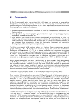 2.     ΜΑΚΡΟΟΙΚΟΝΟΜΙΚΟ ΠΕΡΙΒΑΛΛΟΝ ΚΑΙ ΤΡΕΧΟΥΣΕΣ ΕΞΕΛΙΞΕΙΣ

2.1    Πρόσφατες εξελίξεις


Η διεθνής οικονομική κρίση της περιόδου 2008-2009 έφερε στην επιφάνεια τις μακροχρόνιες
διαρθρωτικές αδυναμίες της ελληνικής οικονομίας και αποκάλυψε τις ανισορροπίες τόσο στο
δημοσιονομικό όσο και στον εξωτερικό τομέα. Το 2010, όμως, υιοθετήθηκε ένα φιλόδοξο Πρόγραμμα
Οικονομικής Προσαρμογής που δίνει έμφαση:

1. στην εμπροσθοβαρή δημοσιονομική προσπάθεια με στόχο την εξασφάλιση της βιωσιμότητας του
   δημόσιου χρέους,
2. στην εξασφάλιση της σταθερότητας του χρηματοπιστωτικού τομέα και της ύπαρξης επαρκούς
   ρευστότητας στο τραπεζικό σύστημα και
3. στην εφαρμογή ενός ευρύτατου προγράμματος διαρθρωτικών μεταρρυθμίσεων με στόχο την
   ενίσχυση της παραγωγικότητας και της ανταγωνιστικότητας. Η μετάβαση σε ένα διαφορετικό
   μοντέλο ανάπτυξης που θα βασίζεται στις επενδύσεις και τις εξαγωγές αναμένεται να οδηγήσει σε
   μία σταδιακή, αλλά περισσότερο ισχυρή και διατηρήσιμη ανάκαμψη της οικονομικής
   δραστηριότητας αλλά και σε δημοσιονομική εξυγίανση.

Το 2009, το πραγματικό ΑΕΠ, παρά την αύξηση των δημόσιων δαπανών, παρουσίασε αρνητικό
ρυθμό ανάπτυξης (-2%). Η εξέλιξη αυτή οφείλεται, κυρίως, στη μείωση των ακαθάριστων
επενδύσεων παγίου κεφαλαίου (-11,2%), με τις βασικές συνιστώσες των επενδύσεων να κινούνται
πτωτικά και με πιο χαρακτηριστικό παράδειγμα τις επενδύσεις σε μηχανολογικό εξοπλισμό (-22,1%).
Η μεταβολή της δημόσιας κατανάλωσης παρουσίασε σημαντική επιτάχυνση (10,3% έναντι 1,5% το
2008), ενώ η συνεισφορά του εξωτερικού τομέα της οικονομίας στην ανάπτυξη ήταν θετική, με τις
εισαγωγές και τις εξαγωγές να καταγράφουν σημαντικές απώλειες (-18,6% και -20,1% αντίστοιχα).

Σε ό,τι αφορά τη μεταβολή των τιμών, ο πληθωρισμός, με βάση το Δείκτη Τιμών Καταναλωτή,
επιβραδύνθηκε στο 1,1%, κυρίως λόγω μείωσης της συνολικής ζήτησης (και σε μικρότερο βαθμό από
την πλευρά της προσφοράς, λόγω των εξελίξεων στην αγορά εργασίας που οδήγησαν σε επιβράδυνση
της αύξησης των κατά κεφαλή αμοιβών). Ο πυρήνας του πληθωρισμού, πάντως, διπλασιάστηκε
(2,4%), αντανακλώντας παράγοντες που δεν σχετίζονται με την τρέχουσα συγκυρία (για παράδειγμα,
αναποτελεσματική λειτουργία των αγορών αγαθών και υπηρεσιών).

Το ποσοστό ανεργίας αυξήθηκε στο 9%, με την απασχόληση να σημειώνει μείωση (-0,7%).

Όσον αφορά το 2010, εκτιμάται ότι το πραγματικό ΑΕΠ μειώθηκε κατά -4,5% (επισημαίνεται ότι οι
προσωρινές αναθεωρημένες τριμηνιαίες εκτιμήσεις της ΕΛΣΤΑΤ δείχνουν ρυθμό μεταβολής της
τάξης του -4,35%), με την ιδιωτική κατανάλωση να μειώνεται και αυτή κατά 4,5%, σημειώνοντας
ιδιαίτερα σημαντική πτώση κατά το τέταρτο τρίμηνο του έτους (-8,6% σε ετήσια βάση), που
οφείλεται στις μεταβολές στην απασχόληση και το διαθέσιμο εισόδημα, στην επιβράδυνση της
πιστωτικής επέκτασης και στη χειροτέρευση των προσδοκιών των καταναλωτών. Η μείωση της
δημόσιας κατανάλωσης εκτιμάται στο 6,5%, ενώ ιδιαίτερα πτωτικά κινήθηκαν οι ακαθάριστες
επενδύσεις παγίου κεφαλαίου (-16,5%), λόγω των δυσμενών επιχειρηματικών προσδοκιών, του
χαμηλότερου βαθμού χρησιμοποίησης του εργατικού δυναμικού και του περιορισμού των πιστώσεων.

Αντίθετα, η συνεισφορά του εξωτερικού τομέα στην ανάπτυξη της οικονομίας εκτιμάται ότι και για το
2010 ήταν θετική (2,3 ποσοστιαίες μονάδες). Η εξέλιξη αυτή πηγάζει από τη σημαντική μείωση των
εισαγωγών (-4,8%) και μία εντυπωσιακή ανάκαμψη των εξαγωγών (+3,8% έναντι -20,1% το 2009). Η
ανάκαμψη των εξαγωγών ήταν κυρίως αποτέλεσμα ενός ευνοϊκότερου εξωτερικού περιβάλλοντος,
κέρδους στην ανταγωνιστικότητα των εγχωρίων τιμών και του κόστους και του γεγονότος ότι οι

                                               29
 