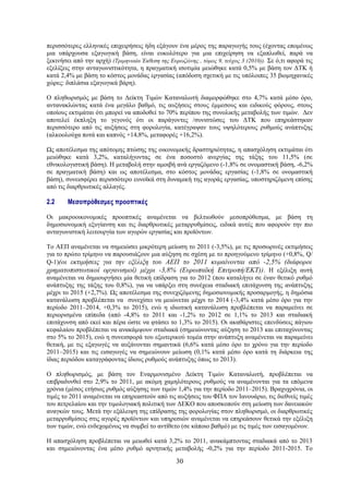 περισσότερες ελληνικές επιχειρήσεις ήδη εξάγουν ένα μέρος της παραγωγής τους (έχοντας επομένως
μια υπάρχουσα εξαγωγική βάση, είναι ευκολότερο για μια επιχείρηση να εξαπλωθεί, παρά να
ξεκινήσει από την αρχή) (Τριμηνιαία Έκθεση της Ευρωζώνης , τόμος 9, τεύχος 3 (2010)). Σε ό,τι αφορά τις
εξελίξεις στην ανταγωνιστικότητα, η πραγματική ισοτιμία μειώθηκε κατά 0,5% με βάση τον ΔΤΚ ή
κατά 2,4% με βάση το κόστος μονάδας εργασίας (απόδοση σχετική με τις υπόλοιπες 35 βιομηχανικές
χώρες: διπλάσια εξαγωγικά βάρη).

Ο πληθωρισμός με βάση το Δείκτη Τιμών Καταναλωτή διαμορφώθηκε στο 4,7% κατά μέσο όρο,
αντανακλώντας κατά ένα μεγάλο βαθμό, τις αυξήσεις στους έμμεσους και ειδικούς φόρους, στους
οποίους εκτιμάται ότι μπορεί να αποδοθεί το 70% περίπου της συνολικής μεταβολής των τιμών. Δεν
αποτελεί έκπληξη το γεγονός ότι οι παράγοντες /συνιστώσες του ΔΤΚ που επηρεάστηκαν
περισσότερο από τις αυξήσεις στη φορολογία, κατέγραψαν τους υψηλότερους ρυθμούς ανάπτυξης
(αλκοολούχα ποτά και καπνός +14,8%, μεταφορές +16,2%).

Ως αποτέλεσμα της απότομης πτώσης της οικονομικής δραστηριότητας, η απασχόληση εκτιμάται ότι
μειώθηκε κατά 3,2%, καταλήγοντας σε ένα ποσοστό ανεργίας της τάξης του 11,5% (σε
εθνικολογιστική βάση). Η μεταβολή στην αμοιβή ανά εργαζόμενο (-1,8% σε ονομαστική βάση, -6,2%
σε πραγματική βάση) και ως αποτέλεσμα, στο κόστος μονάδας εργασίας (-1,8% σε ονομαστική
βάση), συνεισφέρει περισσότερο ευνοϊκά στη δυναμική της αγοράς εργασίας, υποστηριζόμενη επίσης
από τις διαρθρωτικές αλλαγές.

2.2     Μεσοπρόθεσμες προοπτικές

Οι μακροοικονομικές προοπτικές αναμένεται να βελτιωθούν μεσοπρόθεσμα, με βάση τη
δημοσιονομική εξυγίανση και τις διαρθρωτικές μεταρρυθμίσεις, ειδικά αυτές που αφορούν την πιο
ανταγωνιστική λειτουργία των αγορών εργασίας και προϊόντων.

Το ΑΕΠ αναμένεται να σημειώσει μικρότερη μείωση το 2011 (-3,5%), με τις προσωρινές εκτιμήσεις
για το πρώτο τρίμηνο να παρουσιάζουν μια αύξηση σε σχέση με το προηγούμενο τρίμηνο (+0,8%, Q/
Q-1)(οι εκτιμήσεις για την εξέλιξη του ΑΕΠ το 2011 κυμαίνονται από -2,5% (διάφοροι
χρηματοπιστωτικοί οργανισμοί) μέχρι -3,8% (Ευρωπαϊκή Επιτροπή/ΕΚΤ)). Η εξέλιξη αυτή
αναμένεται να δημιουργήσει μία θετική επίδραση για το 2012 (που καταλήγει σε έναν θετικό ρυθμό
ανάπτυξης της τάξης του 0,8%), για να υπάρξει στη συνέχεια σταδιακή επιτάχυνση της ανάπτυξης
μέχρι το 2015 (+2,7%). Ως αποτέλεσμα της συνεχιζόμενης δημοσιονομικής προσαρμογής, η δημόσια
κατανάλωση προβλέπεται να συνεχίσει να μειώνεται μέχρι το 2014 (-3,4% κατά μέσο όρο για την
περίοδο 2011–2014, +0,3% το 2015), ενώ η ιδιωτική κατανάλωση προβλέπεται να παραμείνει σε
περιορισμένα επίπεδα (από -4,8% το 2011 και -1,2% το 2012 σε 1,1% το 2013 και σταδιακή
επιτάχυνση από εκεί και πέρα ώστε να φτάσει το 1,3% το 2015). Οι ακαθάριστες επενδύσεις πάγιου
κεφαλαίου προβλέπεται να ανακάμψουν σταδιακά (σημειώνοντας αύξηση το 2013 και επιταχύνοντας
στο 5% το 2015), ενώ η συνεισφορά του εξωτερικού τομέα στην ανάπτυξη αναμένεται να παραμείνει
θετική, με τις εξαγωγές να αυξάνονται σημαντικά (6,6% κατά μέσο όρο το χρόνο για την περίοδο
2011–2015) και τις εισαγωγές να σημειώνουν μείωση (0,1% κατά μέσο όρο κατά τη διάρκεια της
ίδιας περιόδου καταγράφοντας ίδιους ρυθμούς ανάπτυξης όπως το 2013).

Ο πληθωρισμός, με βάση τον Εναρμονισμένο Δείκτη Τιμών Καταναλωτή, προβλέπεται να
επιβραδυνθεί στο 2,9% το 2011, με ακόμη χαμηλότερους ρυθμούς να αναμένονται για τα επόμενα
χρόνια (μέσος ετήσιος ρυθμός αύξησης των τιμών 1,4% για την περίοδο 2011–2015). Βραχυχρόνια, οι
τιμές το 2011 αναμένεται να επηρεαστούν από τις αυξήσεις του ΦΠΑ τον Ιανουάριο, τις διεθνείς τιμές
του πετρελαίου και την τιμολογιακή πολιτική των ΔΕΚΟ που αποσκοπούν στη μείωση των δανειακών
αναγκών τους. Μετά την εξάλειψη της επίδρασης της φορολογίας στον πληθωρισμό, οι διαρθρωτικές
μεταρρυθμίσεις στις αγορές προϊόντων και υπηρεσιών αναμένεται να επηρεάσουν θετικά την εξέλιξη
των τιμών, ενώ ενδεχομένως να συμβεί το αντίθετο (σε κάποιο βαθμό) με τις τιμές των εισαγομένων.

Η απασχόληση προβλέπεται να μειωθεί κατά 3,2% το 2011, ανακάμπτοντας σταδιακά από το 2013
και σημειώνοντας ένα μέσο ρυθμό αρνητικής μεταβολής -0,2% για την περίοδο 2011-2015. Το

                                                  30
 