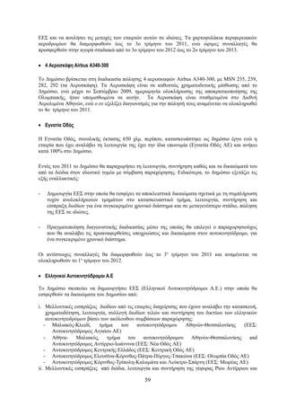ΕΕΣ και να πουλήσει τις μετοχές των εταιριών αυτών σε ιδιώτες. Τα χαρτοφυλάκια περιφερειακών
αεροδρομίων θα διαμορφωθούν έως το 3ο τρίμηνο του 2011, ενώ ώριμες συναλλαγές θα
προσφερθούν στην αγορά σταδιακά από το 3ο τρίμηνο του 2012 έως το 2ο τρίμηνο του 2013.

• 4 Αεροσκάφη Airbus A340-300

Το Δημόσιο βρίσκεται στη διαδικασία πώλησης 4 αεροσκαφών Airbus Α340-300, με MSN 235, 239,
282, 292 (τα Αεροσκάφη). Τα Αεροσκάφη είναι σε καθεστώς χρηματοδοτικής μίσθωσης από το
Δημόσιο, ενώ μέχρι το Σεπτέμβριο 2009, ημερομηνία ολοκλήρωσης της αποκρατικοποίησης της
Ολυμπιακής, ήταν υπομισθωμένα σε αυτήν. Τα Αεροσκάφη είναι σταθμευμένα στο Διεθνή
Αερολιμένα Αθηνών, ενώ ο εν εξελίξει διαγωνισμός για την πώλησή τους αναμένεται να ολοκληρωθεί
το 4ο τρίμηνο του 2011.

• Εγνατία Οδός

Η Εγνατία Οδός, συνολικής έκτασης 650 χλμ. περίπου, κατασκευάστηκε ως δημόσιο έργο ενώ η
εταιρία που έχει αναλάβει τη λειτουργία της έχει την ίδια επωνυμία (Εγνατία Οδός ΑΕ) και ανήκει
κατά 100% στο Δημόσιο.

Εντός του 2011 το Δημόσιο θα παραχωρήσει τη λειτουργία, συντήρηση καθώς και τα δικαιώματά του
από τα διόδια στον ιδιωτικό τομέα με σύμβαση παραχώρησης. Ειδικότερα, το Δημόσιο εξετάζει τις
εξής εναλλακτικές:

-   Δημιουργία ΕΕΣ στην οποία θα εισφέρει τα αποκλειστικά δικαιώματα σχετικά με τη συμπλήρωση
    τυχόν ανολοκλήρωτων τμημάτων στο κατασκευαστικό τμήμα, λειτουργία, συντήρηση και
    είσπραξη διοδίων για ένα συγκεκριμένο χρονικό διάστημα και σε μεταγενέστερο στάδιο, πώληση
    της ΕΕΣ σε ιδιώτες.

-   Πραγματοποίηση διαγωνιστικής διαδικασίας μέσω της οποίας θα επιλεγεί ο παραχωρησιούχος
    που θα αναλάβει τις προαναφερθείσες υποχρεώσεις και δικαιώματα στον αυτοκινητόδρομο, για
    ένα συγκεκριμένο χρονικό διάστημα.

Οι αντίστοιχες συναλλαγές θα διαμορφωθούν έως το 3ο τρίμηνο του 2011 και αναμένεται να
ολοκληρωθούν το 1ο τρίμηνο του 2012.

• Ελληνικοί Αυτοκινητόδρομοι Α.Ε

Το Δημόσιο σκοπεύει να δημιουργήσει ΕΕΣ (Ελληνικοί Αυτοκινητόδρομοι Α.Ε.) στην οποία θα
εισφερθούν τα δικαιώματα του Δημοσίου από:

i. Μελλοντικές εισπράξεις διοδίων από τις εταιρίες διαχείρισης που έχουν αναλάβει την κατασκευή,
    χρηματοδότηση, λειτουργία, συλλογή διοδίων τελών και συντήρηση του δικτύου των ελληνικών
    αυτοκινητοδρόμων βάσει των ακόλουθων συμβάσεων παραχώρησης:
   - Μαλιακός-Κλειδί,     τμήμα     του    αυτοκινητόδρομου      Αθηνών-Θεσσαλονίκης       (ΕΕΣ:
       Αυτοκινητόδρομος Αιγαίου ΑΕ)
   - Αθήνα- Μαλιακός, τμήμα του αυτοκινητόδρομου Αθηνών-Θεσσαλονίκης and
       Αυτοκινητόδρομος Αντίρριο-Ιωάννινα (ΕΕΣ: Νέα Οδός ΑΕ)
   - Αυτοκινητόδρομος Κεντρικής Ελλάδος (ΕΕΣ: Κεντρική Οδός ΑΕ)
   - Αυτοκινητόδρομος Ελευσίνα-Κόρινθος-Πάτρα-Πύργος-Τσακώνα (ΕΕΣ: Ολυμπία Οδός ΑΕ)
   - Αυτοκινητόδρομος Κόρινθος-Τρίπολη-Καλαμάτα και Λεύκτρο-Σπάρτη (ΕΕΣ: Μωρέας ΑΕ)
ii. Μελλοντικές εισπράξεις από διόδια, λειτουργία και συντήρηση της γέφυρας Ρίου Αντίρριου και

                                              59
 