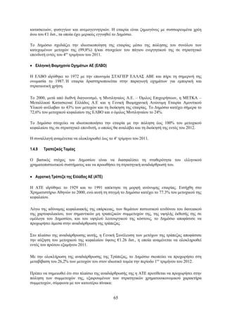 κατασκευών, φυσιγγίων και ανεμογεννητριών. Η εταιρία είναι ζημιογόνος με συσσωρευμένα χρέη
άνω του €1 δισ., τα οποία έχει μερικώς εγγυηθεί το Δημόσιο.

Το Δημόσιο σχεδιάζει την ιδιωτικοποίηση της εταιρίας μέσω της πώλησης του συνόλου των
κατεχομένων μετοχών της (99,8%) ή/και στοιχείων του πάγιου ενεργητικού της σε στρατηγικό
επενδυτή εντός του 4ου τριμήνου του 2011.

• Ελληνική Βιομηχανία Οχημάτων ΑΕ (ΕΛΒΟ)

Η ΕΛΒΟ ιδρύθηκε το 1972 με την επωνυμία ΣΤΑΓΙΕΡ ΕΛΛΑΣ ΑΒΕ και πήρε τη σημερινή της
ονομασία το 1987. Η εταιρία δραστηριοποιείται στην παραγωγή οχημάτων για εμπορική και
στρατιωτική χρήση.

Το 2000, μετά από διεθνή διαγωνισμό, η Μυτιληναίος Α.Ε. – Όμιλος Επιχειρήσεων, η ΜΕΤΚΑ –
Μεταλλικαί Κατασκευαί Ελλάδος Α.Ε και η Γενική Βιομηχανική Ανώνυμη Εταιρία Αμυντικού
Υλικού ανέλαβαν το 43% των μετοχών και τη διοίκηση της εταιρίας. Το Δημόσιο κατέχει σήμερα το
72,6% του μετοχικού κεφαλαίου της ΕΛΒΟ και ο όμιλος Μυτιληναίου το 24%.

Το Δημόσιο στοχεύει να ιδιωτικοποιήσει την εταιρία με την πώληση έως 100% του μετοχικού
κεφαλαίου της σε στρατηγικό επενδυτή, ο οποίος θα αναλάβει και τη διοίκησή της εντός του 2012.

Η συναλλαγή αναμένεται να ολοκληρωθεί έως το 4ο τρίμηνο του 2011.

1.4.9   Τραπεζικός Τομέας

Ο βασικός στόχος του Δημοσίου είναι να διασφαλίσει τη σταθερότητα του ελληνικού
χρηματοπιστωτικού συστήματος και να προωθήσει τη στρατηγική αναδιάρθρωσή του.

• Αγροτική Τράπεζα της Ελλάδος ΑΕ (ΑΤΕ)

Η ΑΤΕ ιδρύθηκε το 1929 και το 1991 απέκτησε τη μορφή ανώνυμης εταιρίας. Εισήχθη στο
Χρηματιστήριο Αθηνών το 2000, ενώ αυτή τη στιγμή το Δημόσιο κατέχει το 77.3% του μετοχικού της
κεφαλαίου.

Λόγω της αδύναμης κεφαλαιακής της επάρκειας, των θεμάτων πιστωτικού κινδύνου του δανειακού
της χαρτοφυλακίου, των σημαντικών μη τραπεζικών συμμετοχών της, της υψηλής έκθεσής της σε
ομόλογα του Δημοσίου, και του υψηλού λειτουργικού της κόστους, το Δημόσιο αποφάσισε να
προχωρήσει άμεσα στην αναδιάρθρωση της τράπεζας.

Στο πλαίσιο της αναδιάρθρωσης αυτής, η Γενική Συνέλευση των μετόχων της τράπεζας αποφάσισε
την αύξηση του μετοχικού της κεφαλαίου ύψους €1.26 δισ., η οποία αναμένεται να ολοκληρωθεί
εντός του πρώτου εξαμήνου 2011.

Με την ολοκλήρωση της αναδιάρθρωσης της Τράπεζας, το Δημόσιο σκοπεύει να προχωρήσει στη
μεταβίβαση του 26,2% των μετοχών του στον ιδιωτικό τομέα την περίοδο 1ου τριμήνου του 2012.

Πρέπει να σημειωθεί ότι στο πλαίσιο της αναδιάρθρωσής της η ΑΤΕ προτίθεται να προχωρήσει στην
πώληση των συμμετοχών της, εξαιρουμένων των στρατηγικών χρηματοοικονομικού χαρακτήρα
συμμετοχών, σύμφωνα με τον κατωτέρω πίνακα:


                                             65
 