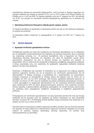 εκμετάλλευση, εξόρυξη και κατεργασία σιδηρονικελίου. Αυτή τη στιγμή το Δημόσιο συμμετέχει στο
μετοχικό κεφάλαιο της εταιρίας με ποσοστό 55,2%, ενώ το 33,4% ανήκει στην Εθνική Τράπεζα της
Ελλάδος και το 11,4% στη ΔΕΗ. Το Δημόσιο σχεδιάζει εντός του 4 ου τριμήνου του 2011 την πώληση
του 55,2% των μετοχών σε στρατηγικό επενδυτή παραχωρώντας παράλληλα και τη διοίκηση της
εταιρίας.

• Αξιοποίηση μεταλλευτικών δικαιωμάτων (εξόρυξη χρυσού, αργύρου, χαλκού)

Το Δημόσιο προτίθεται να αξιοποιήσει τα δικαιώματα εσόδων που έχει σε υπό ανάπτυξη κοιτάσματα,
σε ορυχεία και μεταλλεία.

Τα δικαιώματα εσόδων αναμένεται να παραχωρηθούν το 4ο τρίμηνο του 2012 και 3ο τρίμηνο του
2013.


1.5    Ακίνητη περιουσία

• Δημιουργία επενδυτικών χαρτοφυλακίων ακινήτων

Η Κυβέρνηση προωθεί μια σειρά από νομοθετικές και διοικητικές πρωτοβουλίες για να καθιερώσει
και να εξασφαλίσει αποτελεσματικότητα στη διαχείριση της ακίνητης περιουσίας, όπως η ανάπτυξη
της τουριστικής κατοικίας, κ.ά. Η κυριότερη πρωτοβουλία είναι η δημιουργία του Ταμείου
Αξιοποίησης Ιδιωτικής Περιουσίας του Δημοσίου, στο οποίο θα περιέλθουν μεταξύ άλλων
περιουσιακών δικαιωμάτων και όλα τα ιδιωτικά ακίνητα του Δημοσίου που μπορούν να
αξιοποιηθούν. Με τον τρόπο αυτό θα επιταχυνθεί η διαδικασία μεταβίβασης μακροχρόνιας μίσθωσης
ή άλλης αξιοποίησής τους, ενώ παράλληλα θα προβλεφθεί ταχύρρυθμη διαδικασία απόδοσης
χρήσεων γης όπου αυτό χρειάζεται.

Περαιτέρω, η Κυβέρνηση έχει ξεκινήσει τη διαδικασία για τη δημιουργία ενός πλήρους μητρώου
δημόσιων εμπορικών ακινήτων και για τη διαχείριση των επενδυτικών χαρτοφυλακίων που θα
δημιουργηθούν. Ο πλήρης εντοπισμός, η καταχώρηση και ο χαρακτηρισμός των περιουσιακών
στοιχείων αναμένεται να ολοκληρωθεί σε τέσσερις φάσεις ανά εξάμηνο, ήτοι τον Ιούνιο και το
Δεκέμβριο του 2011 και του 2012 αντίστοιχα. Μια δεύτερη, παράλληλη διαδικασία πρόκειται να
ξεκινήσει τον Ιούνιο του 2011 μετά την παράδοση της πρώτης κατάστασης αξιοποιήσιμων ακινήτων,
η οποία περιλαμβάνει το σχηματισμό χαρτοφυλακίων και την κατάλληλη επενδυτική αξιοποίηση
μέσω εξειδικευμένων ΕΕΣ και άλλων χρηματοοικονομικών εργαλείων. Στην περίπτωση ακινήτων
εθνικής σημασίας, η βασική μέθοδος αξιοποίησης περιλαμβάνει την είσοδο ιδιωτικής τεχνογνωσίας
και κεφαλαίου μέσω μακροχρόνιων συμβάσεων παραχώρησης ή συμβάσεων χρηματοδοτικής
μίσθωσης.

Η διαμόρφωση των επενδυτικών χαρτοφυλακίων των προς αξιοποίηση ακινήτων θα είναι μία συνεχής
διαδικασία που θα ξεκινήσει μετά την παράδοση της πρώτης κατάστασης των προς αξιοποίηση
ακινήτων τον Ιούνιο 2011. Η διαδικασία αυτή θα αποδώσει ώριμες συναλλαγές στην αγορά από το 4 ο
τρίμηνο του 2011 έως το τέλος του 2015.

Έχει ήδη επιλεγεί συγκεκριμένος αριθμός σημαντικού μεγέθους ακινήτων από την ιδιωτική περιουσία
του Δημοσίου τα οποία αναμένεται να προσελκύσουν σημαντικό επενδυτικό ενδιαφέρον και τα οποία
ανήκουν σε κρατικές εταιρείες αξιοποίησης ακίνητης περιουσίας. Τα ακίνητα αυτά
κατηγοριοποιούνται ως ακολούθως:




                                              67
 