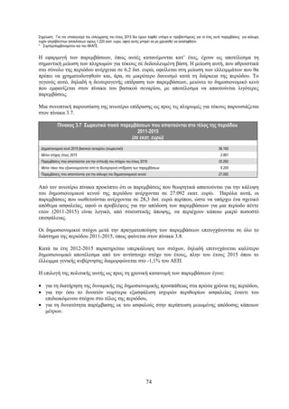 Σημείωση: Για τον υπολογισμό του ελλείμματος του έτους 2015 δεν έχουν ληφθεί υπόψη οι προβλεπόμενες για το έτος αυτό παρεμβάσεις για κάλυψη
τυχόν απρόβλεπτων αποκλίσεων ύψους 1.220 εκατ. ευρώ, αφού αυτές μπορεί να μη χρειασθεί να αναληφθούν.
* Συμπεριλαμβανομένου και του ΑΚΑΓΕ.


Η εφαρμογή των παρεμβάσεων, όπως αυτές κατανέμονται κατ’ έτος, έχουν ως αποτέλεσμα τη
σημαντική μείωση των πληρωμών για τόκους σε δεδουλευμένη βάση. Η μείωση αυτή, που αθροιστικά
στο σύνολο της περιόδου ανέρχεται σε 6,2 δισ. ευρώ, οφείλεται στη μείωση των ελλειμμάτων που θα
πρέπει να χρηματοδοτηθούν και, άρα, σε μικρότερο δανεισμό κατά τη διάρκεια της περιόδου. Το
γεγονός αυτό, δηλαδή η δευτερογενής επίδραση των παρεμβάσεων, μειώνει το δημοσιονομικό κενό
που εμφανίζεται στον πίνακα του βασικού σεναρίου, με αποτέλεσμα να απαιτούνται λιγότερες
παρεμβάσεις.

Μια συνοπτική παρουσίαση της ανωτέρω επίδρασης ως προς τις πληρωμές για τόκους παρουσιάζεται
στον πίνακα 3.7.

           Πίνακας 3.7 Σωρευτικό ποσό παρεμβάσεων που απαιτούνται στο τέλος της περιόδου
                                             2011-2015
                                          (σε εκατ. ευρώ)

 Δημοσιονομικό κενό 2015 βασικού σεναρίου (σωρευτικό)                                                            36.183
 Μείον στόχος έτους 2015                                                                                          2.891
 Παρεμβάσεις που απαιτούνται για την επίτευξη του στόχου του έτους 2015                                          33.292
 Μείον τόκοι που εξοικονομούνται από τη δευτερογενή επίδραση των παρεμβάσεων                                      6.200
 Παρεμβάσεις που απαιτούνται για την κάλυψη του δημοσιονομικού κενού                                             27.092


Από τον ανωτέρω πίνακα προκύπτει ότι οι παρεμβάσεις που θεωρητικά απαιτούνται για την κάλυψη
του δημοσιονομικού κενού της περιόδου ανέρχονται σε 27.092 εκατ. ευρώ. Παρόλα αυτά, οι
παρεμβάσεις που υιοθετούνται ανέρχονται σε 28,3 δισ. ευρώ περίπου, ώστε να υπάρχει ένα σχετικό
απόθεμα ασφαλείας, αφού οι προβλέψεις για την απόδοση των παρεμβάσεων για μια περίοδο πέντε
ετών (2011-2015) είναι λογικό, από στατιστικής άποψης, να περιέχουν κάποιο μικρό ποσοστό
επισφάλειας.

Οι δημοσιονομικοί στόχοι μετά την πραγματοποίηση των παρεμβάσεων επιτυγχάνονται σε όλο το
διάστημα της περιόδου 2011-2015, όπως φαίνεται στον πίνακα 3.8.

Κατά τα έτη 2012-2015 παρατηρείται υπερκάλυψη των στόχων, δηλαδή επιτυγχάνεται καλύτερο
δημοσιονομικό αποτέλεσμα από τον αντίστοιχο στόχο του έτους, πλην του έτους 2015 όπου το
έλλειμμα γενικής κυβέρνησης διαμορφώνεται στο -1,1% του ΑΕΠ.

Η επιλογή της πολιτικής αυτής ως προς τη χρονική κατανομή των παρεμβάσεων έγινε:

• για τη διατήρηση της δυναμικής της δημοσιονομικής προσπάθειας στα πρώτα χρόνια της περιόδου,
• για την όσο το δυνατόν νωρίτερα εξασφάλιση ισχυρών περιθωρίων ασφαλείας έναντι του
  επιδιωκόμενου στόχου στο τέλος της περιόδου,
• για τη δυνατότητα παρέμβασης εκ του ασφαλούς στην περίπτωση μειωμένης απόδοσης κάποιων
  μέτρων.




                                                                      74
 