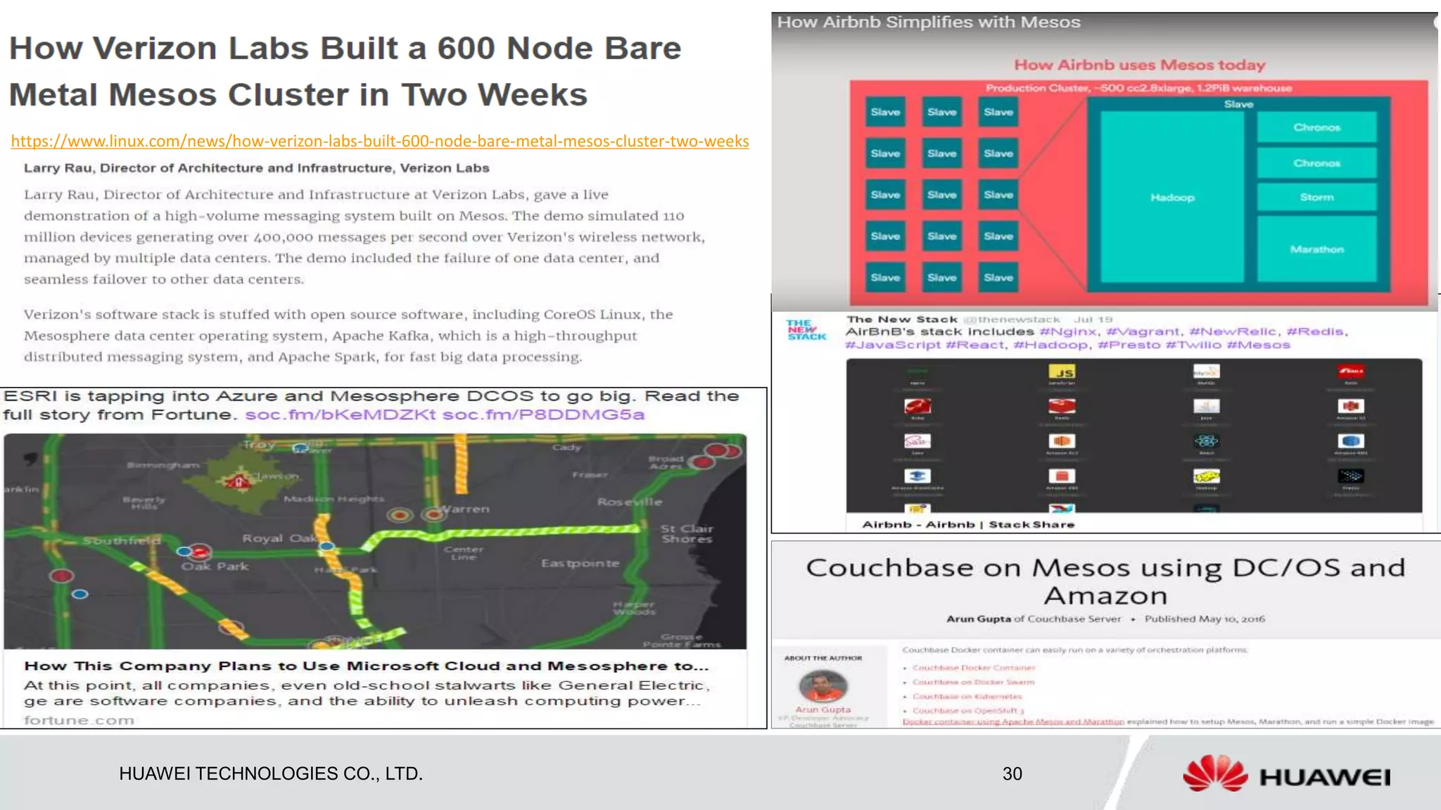 HUAWEI TECHNOLOGIES CO., LTD. 30
https://www.linux.com/news/how-verizon-labs-built-600-node-bare-metal-mesos-cluster-two-weeks
 