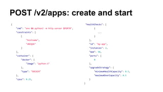 POST /v2/apps: create and start
{
"cmd": "env && python3 -m http.server $PORT0",
"constraints": [
[
"hostname",
"UNIQUE"
]
],
"container": {
"docker": {
"image": "python:3"
},
"type": "DOCKER"
},
"cpus": 0.25,
"healthChecks": [
{
...
}
],
"id": "my-app",
"instances": 2,
"mem": 50,
"ports": [
0
],
"upgradeStrategy": {
"minimumHealthCapacity": 0.5,
"maximumOverCapacity": 0.5
}
}
 