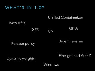 W H A T ’ S I N 1 . 0 ?
New APIs
Agent rename
Unified Containerizer
GPUs
Windows
Dynamic weights
Release policy
CNIXFS
Fine-grained AuthZ
 