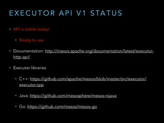 E X E C U T O R A P I V 1 S TA T U S
• API is stable today!
• Ready to use
• Documentation: http://mesos.apache.org/documentation/latest/executor-
http-api/
• Executor libraries
• C++: https://github.com/apache/mesos/blob/master/src/executor/
executor.cpp
• Java: https://github.com/mesosphere/mesos-rxjava
• Go: https://github.com/mesos/mesos-go
 