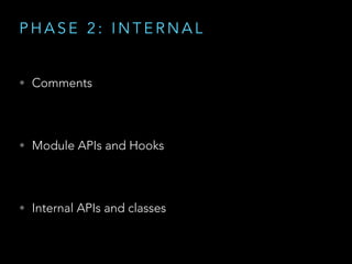 P H A S E 2 : I N T E R N A L
• Comments
• Module APIs and Hooks
• Internal APIs and classes
 