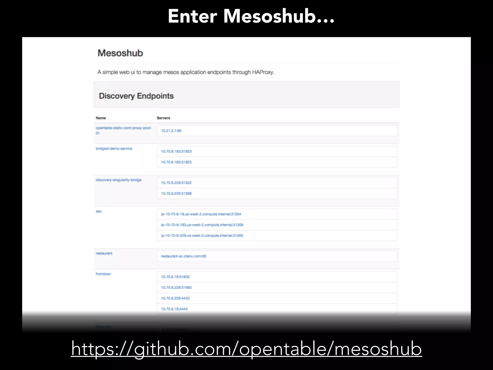 Enter Mesoshub… 
https://github.com/opentable/mesoshub 
 