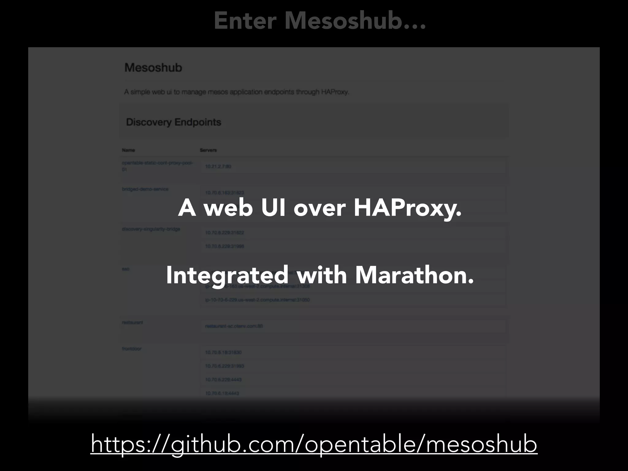 Enter Mesoshub… 
A web UI over HAProxy. 
Integrated with Marathon. 
https://github.com/opentable/mesoshub 
 