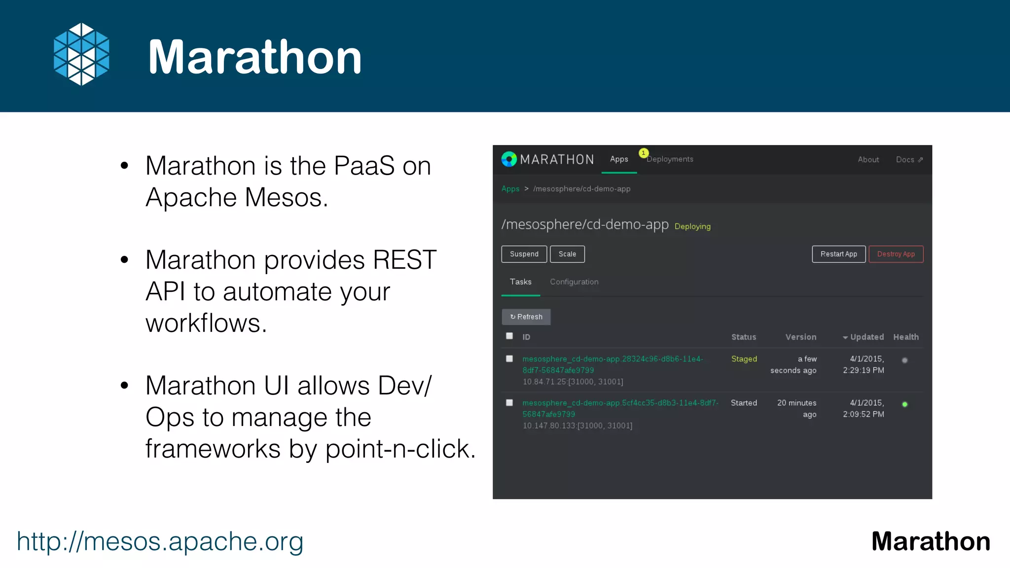 http://mesos.apache.org Marathon
Marathon
• Marathon is the PaaS on
Apache Mesos.
• Marathon provides REST
API to automate your
workﬂows.
• Marathon UI allows Dev/
Ops to manage the
frameworks by point-n-click.
 