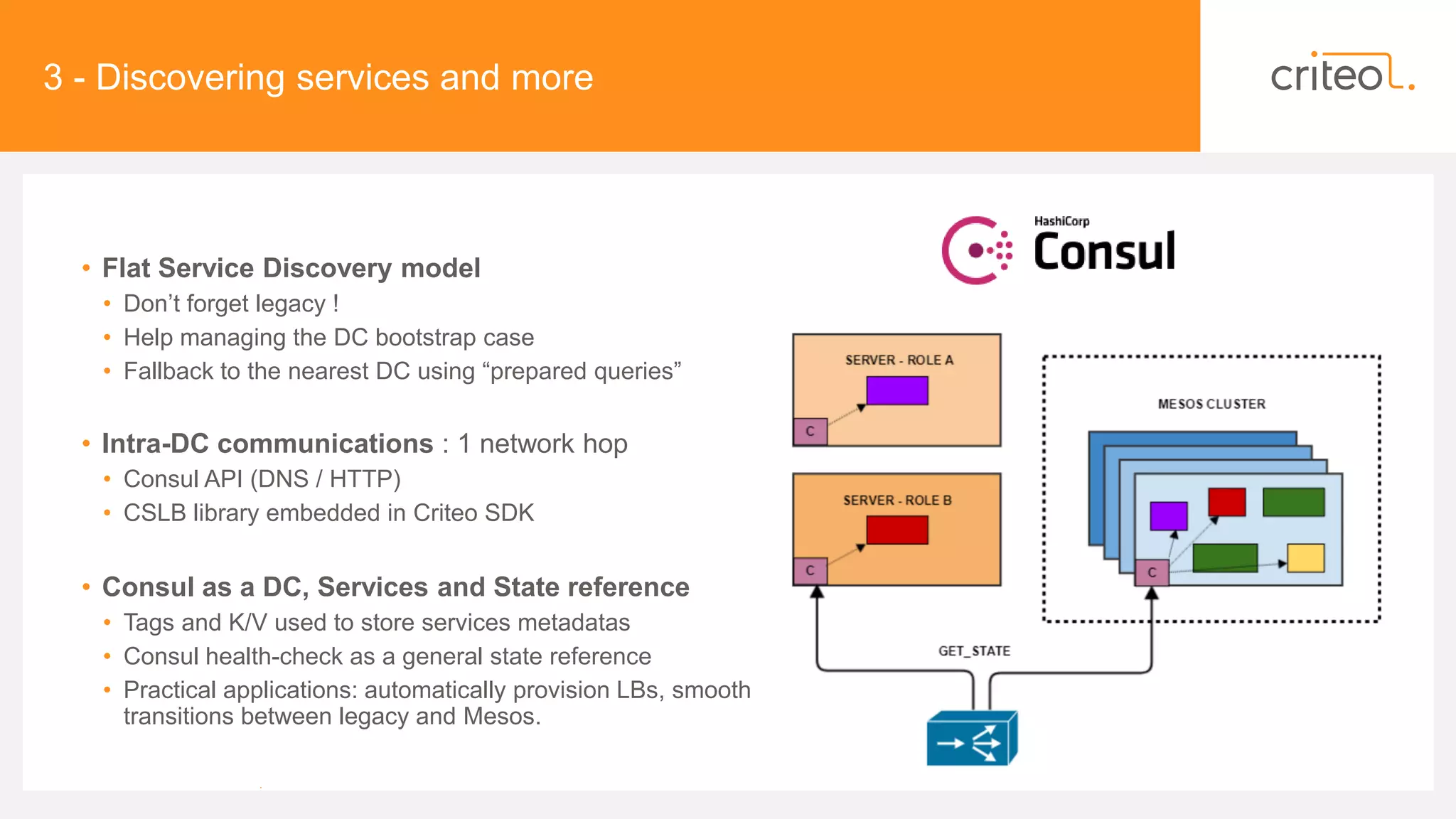 3 - Discovering services and more
• Flat Service Discovery model
• Don’t forget legacy !
• Help managing the DC bootstrap case
• Fallback to the nearest DC using “prepared queries”
• Intra-DC communications : 1 network hop
• Consul API (DNS / HTTP)
• CSLB library embedded in Criteo SDK
• Consul as a DC, Services and State reference
• Tags and K/V used to store services metadatas
• Consul health-check as a general state reference
• Practical applications: automatically provision LBs, smooth
transitions between legacy and Mesos.
•
 