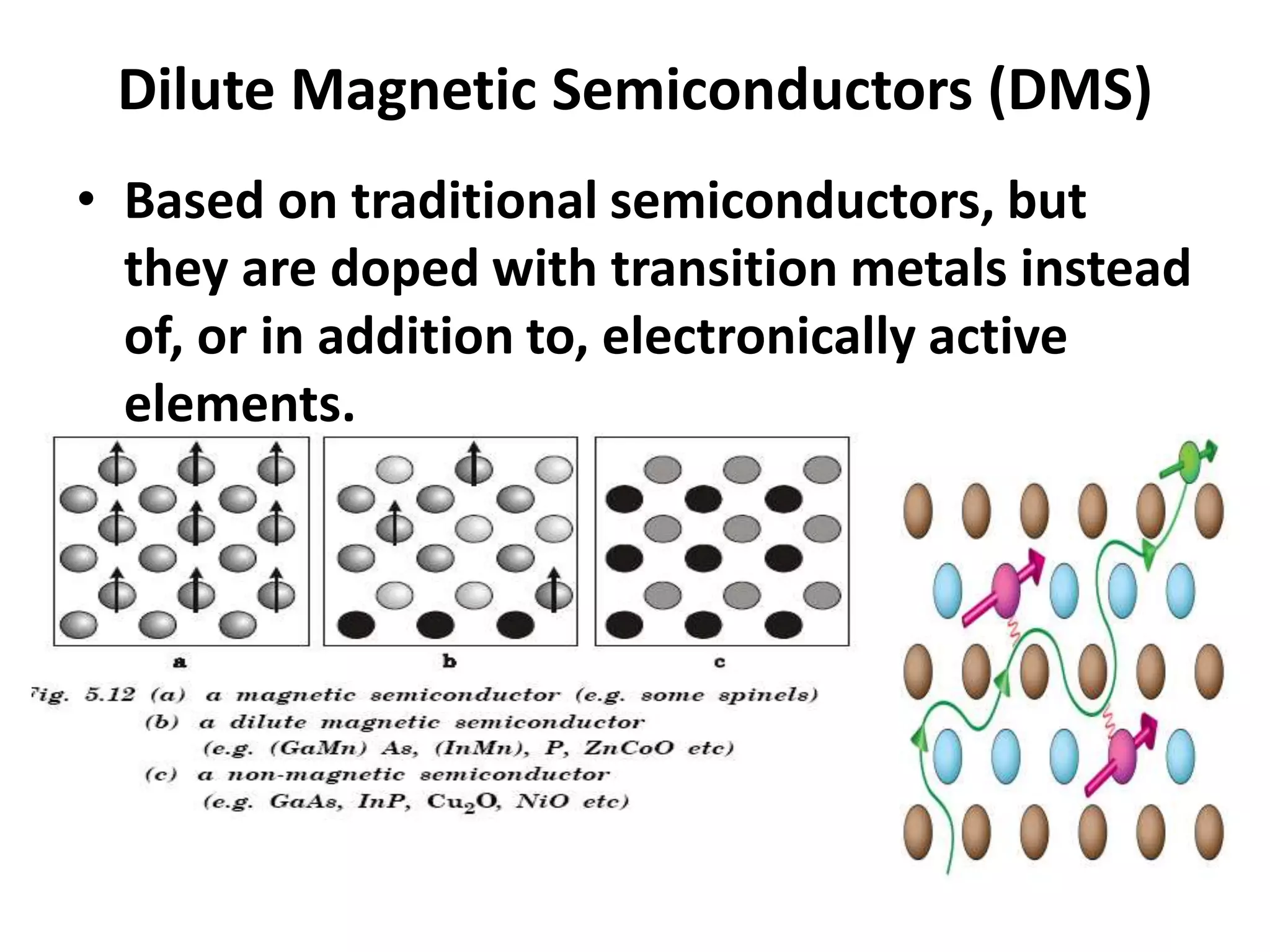 Dilute Magnetic Semiconductors (DMS)
• Based on traditional semiconductors, but
they are doped with transition metals instead
of, or in addition to, electronically active
elements.
 
