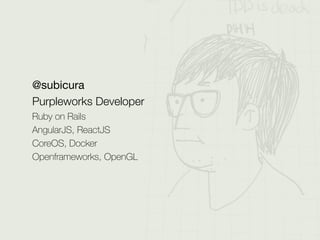 @subicura

Purpleworks Developer
Ruby on Rails
AngularJS, ReactJS
CoreOS, Docker
Openframeworks, OpenGL
 