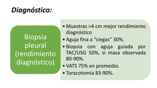 Diagnóstico:
• Muestras >4 cm mejor rendimiento
diagnóstico
• Aguja fina a “ciegas” 30%.
• Biopsia con aguja guiada por
TAC/USG 50%, si masa observada
80-90%.
• VATS 75% en promedio.
• Toracotomía 83-90%.
Biopsia
pleural
(rendimiento
diagnóstico)
 