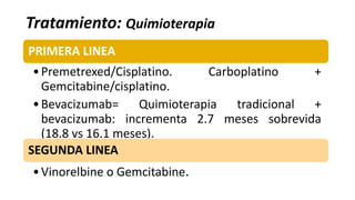 Tratamiento: Quimioterapia
PRIMERA LINEA
•Premetrexed/Cisplatino. Carboplatino +
Gemcitabine/cisplatino.
•Bevacizumab= Quimioterapia tradicional +
bevacizumab: incrementa 2.7 meses sobrevida
(18.8 vs 16.1 meses).
SEGUNDA LINEA
•Vinorelbine o Gemcitabine.
 