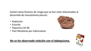 Existen otros factores de riesgo que se han visto relacionados al
desarrollo de mesotelioma pleural:
• Radiación
• Erionita
• Papovirus SV-40
• Post fibrotórax por tuberculosis
No se ha observado relación con el tabaquismo.
 