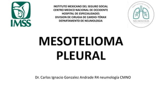 MESOTELIOMA
PLEURAL
INSTITUTO MEXICANO DEL SEGURO SOCIAL
CENTRO MEDICO NACIONAL DE OCCIDENTE
HOSPITAL DE ESPECIALIDADES
DIVISION DE CIRUGIA DE CARDIO-TÓRAX
DEPARTAMENTO DE NEUMOLOGIA
Dr. Carlos Ignacio Gonzalez Andrade R4 neumología CMNO
 