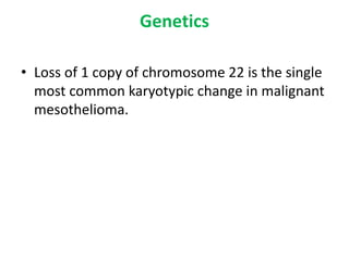 Genetics
• Loss of 1 copy of chromosome 22 is the single
most common karyotypic change in malignant
mesothelioma.
 