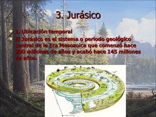 3. Jurásico 1. Ubicación temporal El Jurásico es el sistema o período geológico central de la Era Mesozoica que comenzó hace 200 millones de años y acabó hace 145 millones de años. 