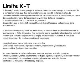 Limite K-T
El límite K/T es una huella geológica, presente como una estrecha capa en los estratos de
la corteza terrestre, que data aproximadamente de hace 65 millones de años. Se
considera un hecho muy importante dado que sus consecuencias lo son también, es causa
de una extinción masiva de los seres vivos y del final de la era mesozoica.
El nombre proviene de K, - Cretácico y T, -Terciario
Se considera que el límite K/T marca el final de la era Mesozoica y el comienzo de la
era Cenozoica.

la extinción del Cretácico (la de los dinosaurios) la colisión de un enorme meteorito en lo
que hoy sería el Golfo de México. Este meteorito habría levantado tal cantidad de material
fundido que se habría depositado a lo largo y ancho de todo el planeta. Y así fue: se
encuentran restos de muchos objetos extraterrestres.

Los animales que exterminó ,entre otros, son: los
Dinosaurios, Pterosaurios, reptiles nadadores, Plesiosaurios y Mosasaurios
,Ammonoidea, Rudistas e Inocerámidos

los supervivientes se hallan en la mayor parte de plantas y animales terrestres
(insectos, caracoles, ranas, salamandras, tortugas, lagartos, serpientes, cocodrilos y mamíf
eros placentarios) y la mayoría de invertebrados marinos (estrellas de mar
y Echinoidea, moluscos, artrópodos) y de peces.
 