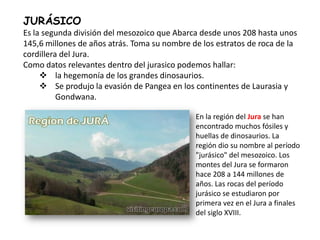 JURÁSICO
Es la segunda división del mesozoico que Abarca desde unos 208 hasta unos
145,6 millones de años atrás. Toma su nombre de los estratos de roca de la
cordillera del Jura.
Como datos relevantes dentro del jurasico podemos hallar:
      la hegemonía de los grandes dinosaurios.
      Se produjo la evasión de Pangea en los continentes de Laurasia y
          Gondwana.

                                              En la región del Jura se han
                                              encontrado muchos fósiles y
                                              huellas de dinosaurios. La
                                              región dio su nombre al período
                                              "jurásico" del mesozoico. Los
                                              montes del Jura se formaron
                                              hace 208 a 144 millones de
                                              años. Las rocas del período
                                              jurásico se estudiaron por
                                              primera vez en el Jura a finales
                                              del siglo XVIII.
 