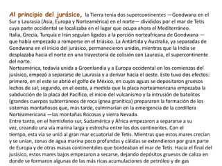 Al principio del jurásico, la Tierra tenía dos supercontinentes —Gondwana en el
Sur y Laurasia (Asia, Europa y Norteamérica) en el norte— divididos por el mar de Tetis
cuya parte occidental se localizaba en el lugar que ocupa ahora el Mediterráneo.
Italia, Grecia, Turquía e Irán seguían ligados a la porción norteafricana de Gondwana —
que había empezado a romperse en el triásico. La Antártida y Australia, ya separadas de
Gondwana en el inicio del jurásico, permanecieron unidas, mientras que la India se
desplazaba hacia el norte en una trayectoria de colisión con Laurasia, el supercontinente
del norte.
Norteamérica, todavía unida a Groenlandia y a Europa occidental en los comienzos del
jurásico, empezó a separarse de Laurasia y a derivar hacia el oeste. Esto tuvo dos efectos:
primero, en el este se abrió el golfo de México, en cuyas aguas se depositaron gruesos
lechos de sal; segundo, en el oeste, a medida que la placa norteamericana empezaba la
subducción de la placa del Pacífico, el inicio del vulcanismo y la intrusión de batolitos
(grandes cuerpos subterráneos de roca ígnea granítica) prepararon la formación de los
sistemas montañosos que, más tarde, culminarían en la emergencia de la cordillera
Norteamericana —las montañas Rocosas y sierra Nevada.
Entre tanto, en el hemisferio sur, Sudamérica y África empezaron a separarse a su
vez, creando una vía marina larga y estrecha entre los dos continentes. Con el
tiempo, esta vía se unió al gran mar ecuatorial de Tetis. Mientras que estos mares crecían
y se unían, zonas de agua marina poco profundas y cálidas se extendieron por gran parte
de Europa y de otras masas continentales que bordeaban el mar de Tetis. Hacia el final del
jurásico, estos mares bajos empezaron a secarse, dejando depósitos gruesos de caliza en
donde se formaron algunas de las más ricas acumulaciones de petróleo y de gas
 