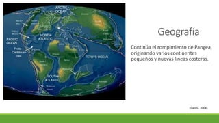 Geografía 
Continúa el rompimiento de Pangea, 
originando varios continentes 
pequeños y nuevas líneas costeras. 
(García, 2004) 
 