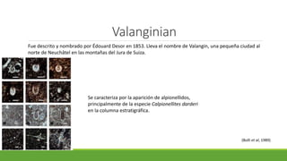 Valanginian 
Fue descrito y nombrado por Édouard Desor en 1853. Lleva el nombre de Valangin, una pequeña ciudad al 
norte de Neuchâtel en las montañas del Jura de Suiza. 
Se caracteriza por la aparición de alpionellidos, 
principalmente de la especie Calpionellites darderi 
en la columna estratigráfica. 
(Bolli et al, 1989) 
 