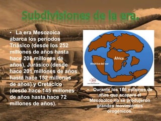 • La era Mesozoica
abarca los periodos
Triásico (desde los 252
millones de años hasta
hace 208 millones de
años), Jurásico (desde
hace 201 millones de años
hasta hace 152 millones
de años) y Cretácico
(desde hace 145 millones
de años hasta hace 72
millones de años).
• Durante los 186 millones de
años que acapara el
Mesozoico no se produjeron
grandes movimientos
orogénicos.
 