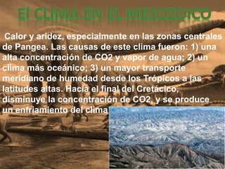Calor y aridez, especialmente en las zonas centrales
de Pangea. Las causas de este clima fueron: 1) una
alta concentración de CO2 y vapor de agua; 2) un
clima más oceánico; 3) un mayor transporte
meridiano de humedad desde los Trópicos a las
latitudes altas. Hacía el final del Cretácico,
disminuye la concentración de CO2, y se produce
un enfriamiento del clima
 