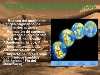 •
• Ruptura del continente
Pangea originando los
continentes actuales.
• Formación de cuencas
con intensa subsisidencia.
• Apertura del Océano
Atlántico( Jurásico).
• Intensificación de la
actividad volcánica.
• Impacto de un asteroide
que produce cambios
geológicos ( Fin del
Mesozoico).
 
