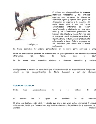caudipteryx 
El triásico marca la aparición de los primeros 
mamíferos verdaderos y las primeras 
aves.Las aves surgieron de dinosaurios 
carnívoros, ligeros y bípedos. Estos grupos de 
dinosaurios se lanzaron a la conquista del 
medio aéreo para lo cual las cortas 
extremidades anteriores se fueron 
transformando gradualmente en alas para 
volar y las extremidades posteriores se 
hicieron más delgadas y ligeras. Por otro lado 
su cuerpo se cubrió de plumas protectoras e 
impermeables y se fue haciendo gradualmente 
más pequeño y ligero. Todo su organismo se 
fue adaptando para vuelos más o menos 
prolongados. 
En tierra dominaban los árboles perennifolios, en su mayor parte coníferas y ginkgos. 
Entre los invertebrados aparecen los primeros insectos que experimentan una metamorfosis completa, 
atravesando las fases de larva, pupa y adulto. 
En los mares había belemnites similares a calamares, ammonites y crustáceos. 
Geológicamente el triásico se caracteriza por la desmembración del supercontinente Pangea que dividió en los supercontinentes del Norte (Laurasia) y del Sur (Gondwana). 
PERIODO JURASICO 
Desde hace aproximadamente 213 a 144 millones de años. 
El Jurásico fue la época del esplendor de los dinosaurios. 
El clima era bastante más cálido y húmedo que ahora, con unos anchos cinturones tropicales subtropicales, hecho que favoreció una vegetación exuberante y la proliferación y hegemonía de los 
grandes dinosaurios. 
 