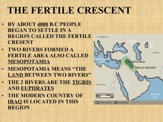 THE FERTILE CRESCENT BY ABOUT  4000  B.C PEOPLE BEGAN TO SETTLE IN A REGION CALLED THE FERTILE CRESENT TWO RIVERS FORMED A FERTILE AREA ALSO CALLED  MESOPOTAMIA MESOPOTAMIA MEANS “THE  LAND  BETWEEN TWO RIVERS” THE 2 RIVERS ARE THE  TIGRIS  AND  EUPHRATES THE MODERN COUNTRY OF  IRAQ  IS LOCATED IN THIS REGION 