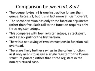Comparison between v1 & v2
• The queue_bytes_v2 is one instruction longer than
queue_bytes_v1, but it is in fact more efficient overall.
• The second version has only three function arguments
rather than five. Each call to the function requires only
three register setups.
• This compares with four register setups, a stack push,
and a stack pull for the first version.
• There is a net saving of two instructions in function call
overhead.
• There are likely further savings in the callee function,
as it only needs to assign a single register to the Queue
structure pointer, rather than three registers in the
non-structured case.
 