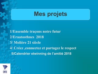 1/Ensemble traçons notre futur
2/Eraatosthnes 2018
3/ Molière 21 siècle
4/ Créez ,connectez et partagez le respect
Mes projets
5/Calendrier etwinning de l’amitié 2018
 