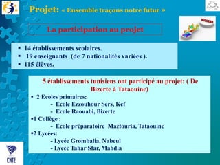 Projet: « Ensemble traçons notre futur »
 14 établissements scolaires.
 19 enseignants (de 7 nationalités variées ).
 115 élèves.
5 établissements tunisiens ont participé au projet: ( De
Bizerte à Tataouine)
 2 Ecoles primaires:
- Ecole Ezzouhour Sers, Kef
- Ecole Raouabi, Bizerte
1 Collège :
- Ecole préparatoire Maztouria, Tataouine
2 Lycées:
- Lycée Grombalia, Nabeul
- Lycée Tahar Sfar, Mahdia
La participation au projet
 