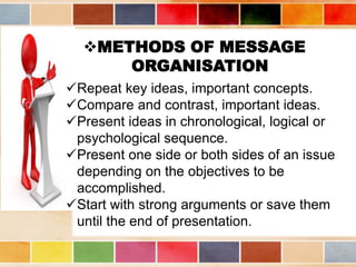 METHODS OF MESSAGE
ORGANISATION
Repeat key ideas, important concepts.
Compare and contrast, important ideas.
Present ideas in chronological, logical or
psychological sequence.
Present one side or both sides of an issue
depending on the objectives to be
accomplished.
Start with strong arguments or save them
until the end of presentation.
 