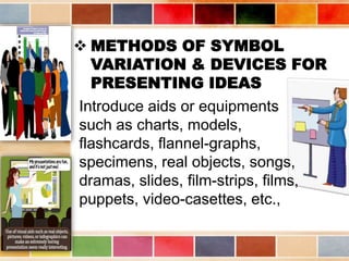  METHODS OF SYMBOL
VARIATION & DEVICES FOR
PRESENTING IDEAS
Introduce aids or equipments
such as charts, models,
flashcards, flannel-graphs,
specimens, real objects, songs,
dramas, slides, film-strips, films,
puppets, video-casettes, etc.,
 