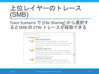 上位レイヤーのトレース 
(SMB) 
Trace Scenario で[File Sharing] から選択す 
るとSMB のETW トレースが採取できる 
2014/9/22 © 2014 Murachi Akira - CC BY-NC-ND - pakeana #21 14 
 