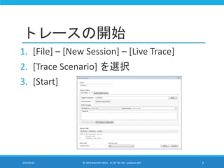 トレースの開始 
1. [File] – [New Session] – [Live Trace] 
2. [Trace Scenario] を選択 
3. [Start] 
2014/9/22 © 2014 Murachi Akira - CC BY-NC-ND - pakeana #21 9 
 