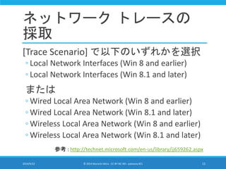 ネットワークトレースの 
採取 
[Trace Scenario] で以下のいずれかを選択 
◦ Local Network Interfaces (Win 8 and earlier) 
◦ Local Network Interfaces ...