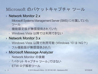 Microsoft のパケットキャプチャ ツール
2015/9/28© 2015 Murachi Akira - CC BY-NC-ND - #pakeana #323
 Network Monitor 2.x
 MicrosoftSyst...