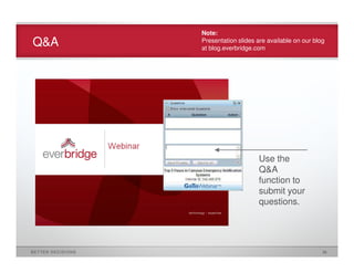Note:
Q&A   Presentation slides are available on our blog
      at blog.everbridge.com




                          Use the
                          Q&A
                          function to
                          submit your
                          questions.




                                                  33
 