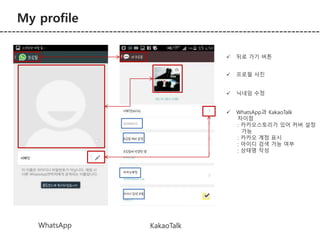 My profile 
WhatsApp KakaoTalk 
 뒤로 가기 버튼 
 프로필 사진 
 닉네임 수정 
 WhatsApp과 KakaoTalk 
차이점 
: 카카오스토리가 있어 커버 설정 
가능 
: 카카오 계정 표시 
: 아이디 검색 가능 여부 
: 상태명 작성 
 
