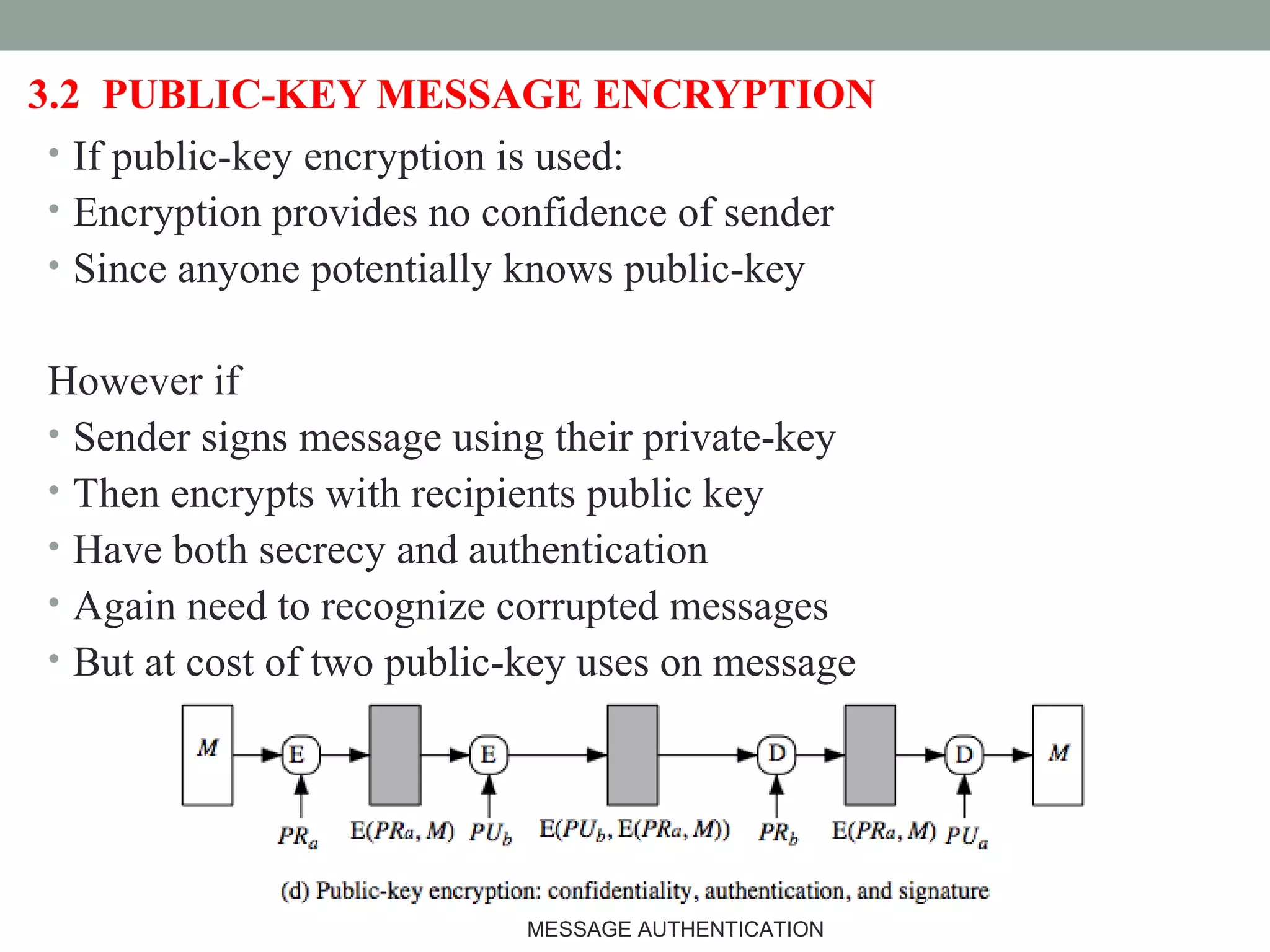 3.2 PUBLIC-KEY MESSAGE ENCRYPTION
• If public-key encryption is used:
• Encryption provides no confidence of sender
• Since anyone potentially knows public-key
However if
• Sender signs message using their private-key
• Then encrypts with recipients public key
• Have both secrecy and authentication
• Again need to recognize corrupted messages
• But at cost of two public-key uses on message
6MESSAGE AUTHENTICATION
 