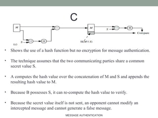 C
• Shows the use of a hash function but no encryption for message authentication.
• The technique assumes that the two communicating parties share a common
secret value S.
• A computes the hash value over the concatenation of M and S and appends the
resulting hash value to M.
• Because B possesses S, it can re-compute the hash value to verify.
• Because the secret value itself is not sent, an opponent cannot modify an
intercepted message and cannot generate a false message.
12MESSAGE AUTHENTICATION
 