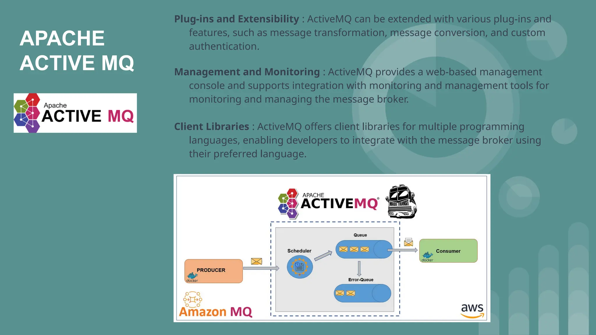 APACHE
ACTIVE MQ
Plug-ins and Extensibility : ActiveMQ can be extended with various plug-ins and
features, such as message transformation, message conversion, and custom
authentication.
Management and Monitoring : ActiveMQ provides a web-based management
console and supports integration with monitoring and management tools for
monitoring and managing the message broker.
Client Libraries : ActiveMQ offers client libraries for multiple programming
languages, enabling developers to integrate with the message broker using
their preferred language.
 
